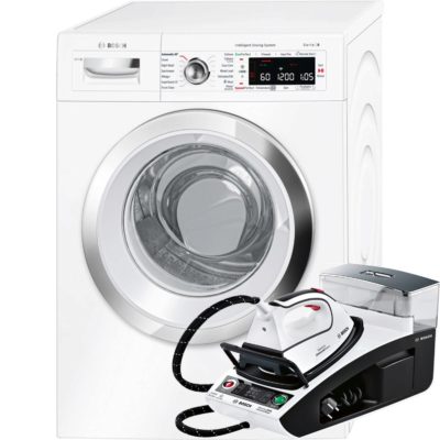 Bosch i-DOS WAWH8660GB A+++-30% 9kg 1400 Spin Home Connect Washing Machine in  White & Bosch TDS4571GB i-Temp Steam Generator Bundle